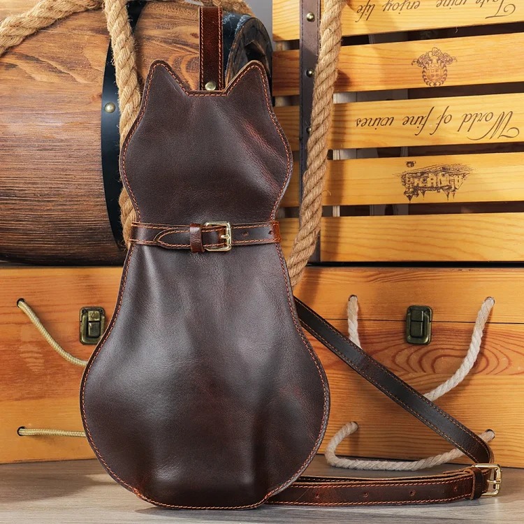 Retro creative cute cat first layer cowhide shoulder bag men's genuine leather crossbody bag chest bag men's chest bag