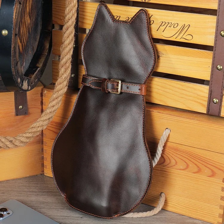 Retro creative cute cat first layer cowhide shoulder bag men's genuine leather crossbody bag chest bag men's chest bag