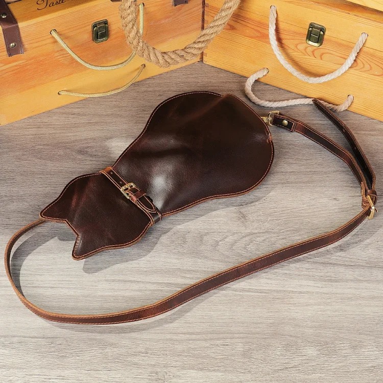 Retro creative cute cat first layer cowhide shoulder bag men's genuine leather crossbody bag chest bag men's chest bag