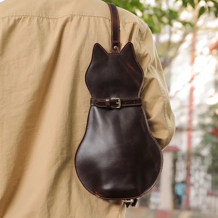 Retro creative cute cat first layer cowhide shoulder bag men's genuine leather crossbody bag chest bag men's chest bag