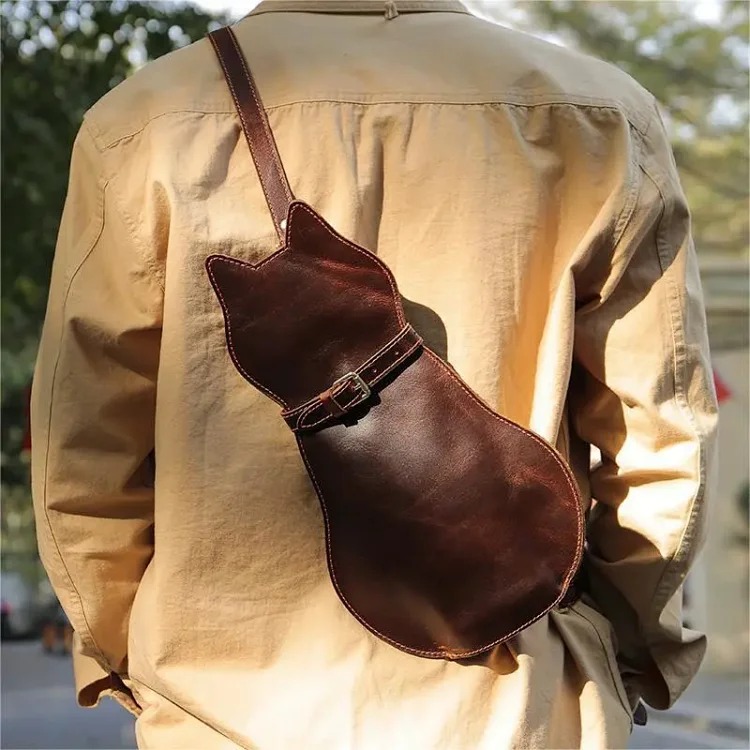 Retro creative cute cat first layer cowhide shoulder bag men's genuine leather crossbody bag chest bag men's chest bag