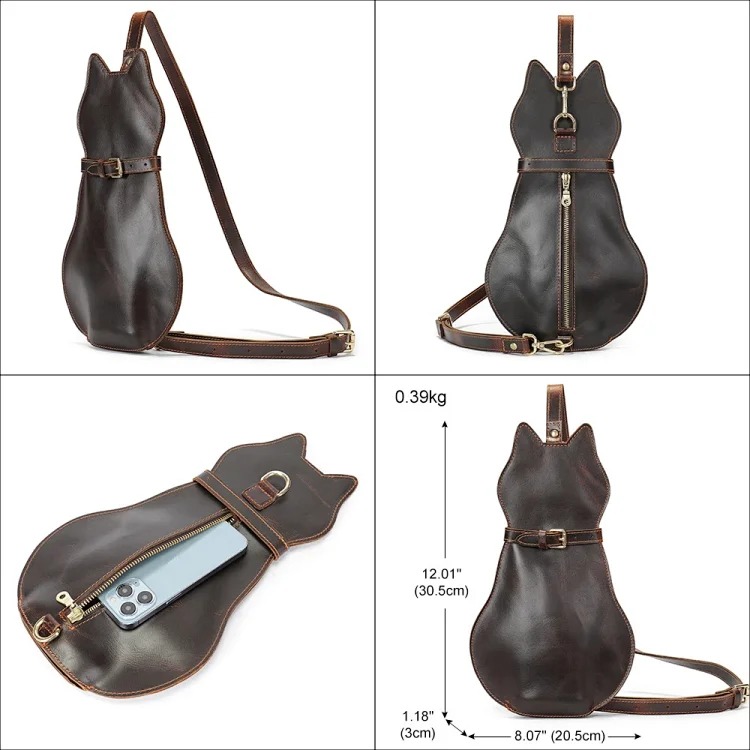 Retro creative cute cat first layer cowhide shoulder bag men's genuine leather crossbody bag chest bag men's chest bag