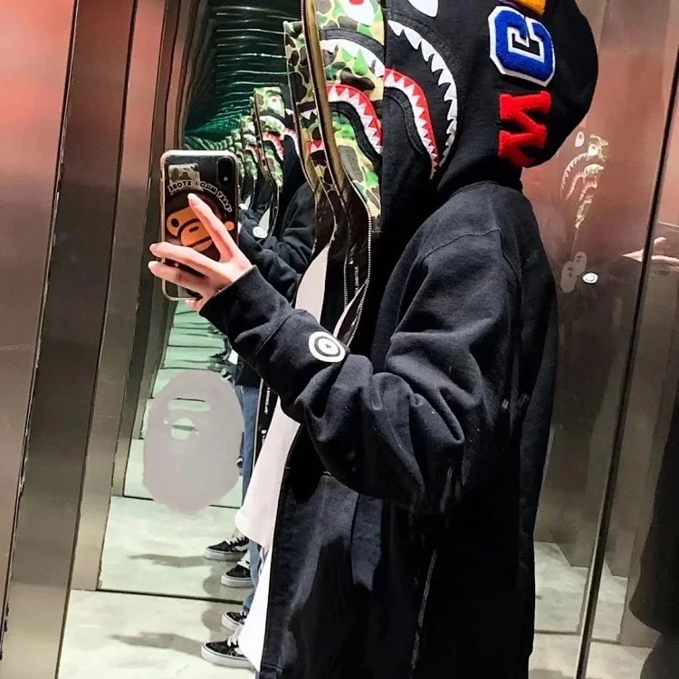 Camouflage double hood shark sweatshirt hooded zipper jacket