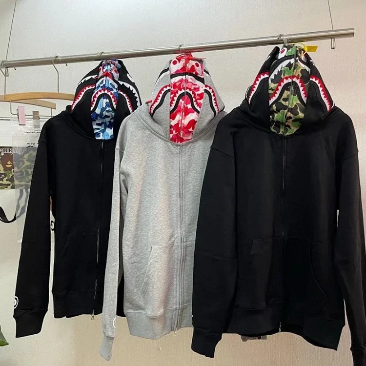 Camouflage double hood shark sweatshirt hooded zipper jacket