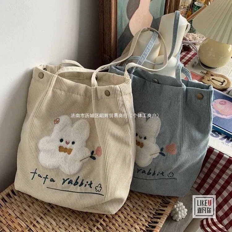 Autumn and winter Korean cartoon bunny versatile ins corduroy retro bag student school bag versatile shopping shoulder bag XF