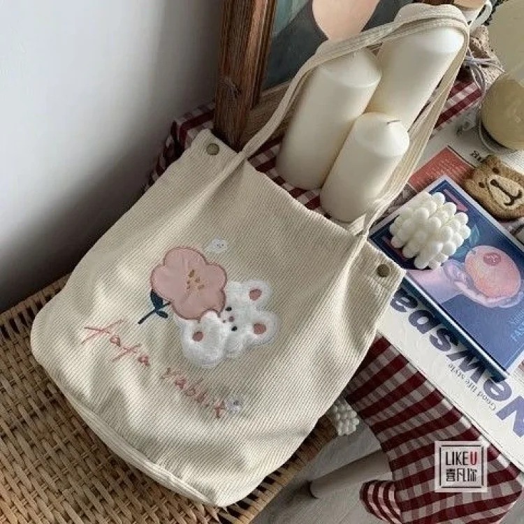 Autumn and winter Korean cartoon bunny versatile ins corduroy retro bag student school bag versatile shopping shoulder bag XF image 2