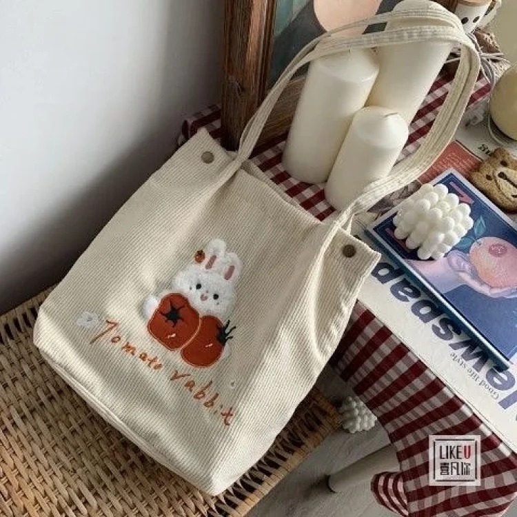 Autumn and winter Korean cartoon bunny versatile ins corduroy retro bag student school bag versatile shopping shoulder bag XF image 3