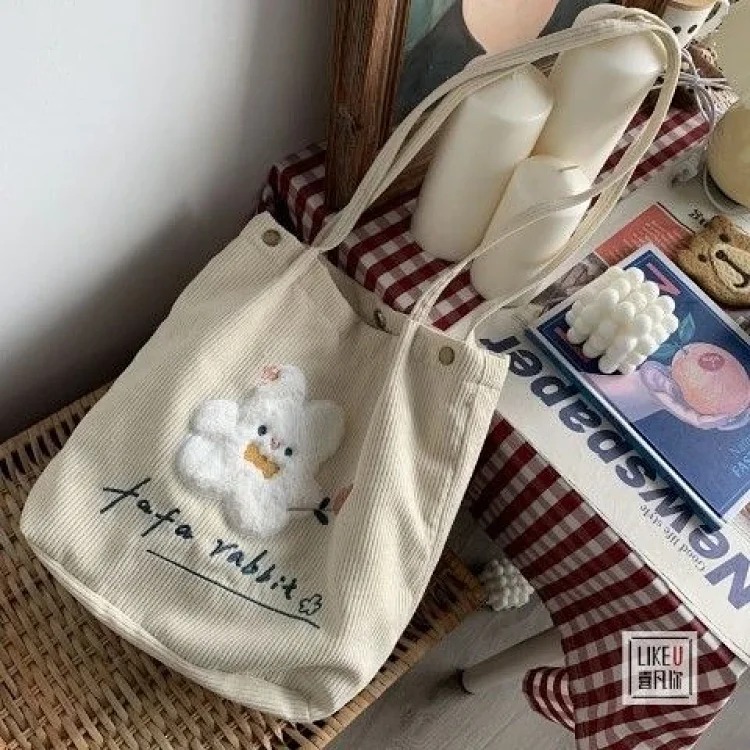 Autumn and winter Korean cartoon bunny versatile ins corduroy retro bag student school bag versatile shopping shoulder bag XF image 5