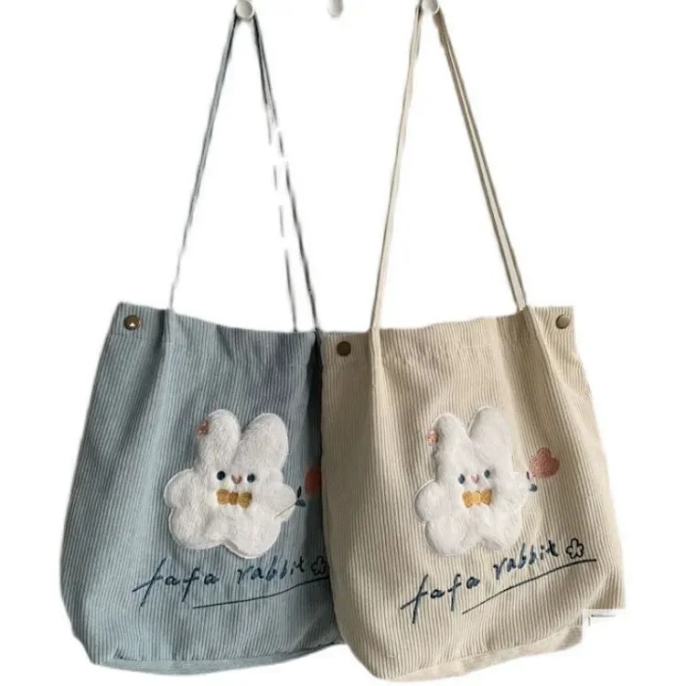 Autumn and winter Korean cartoon bunny versatile ins corduroy retro bag student school bag versatile shopping shoulder bag XF image 6