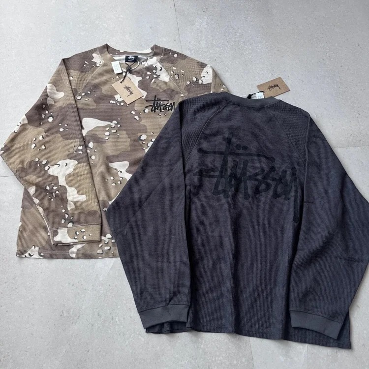 Stu Camouflage Waffle Loose Retro Workwear Round Neck Sweatshirt Long Sleeve T-Shirt