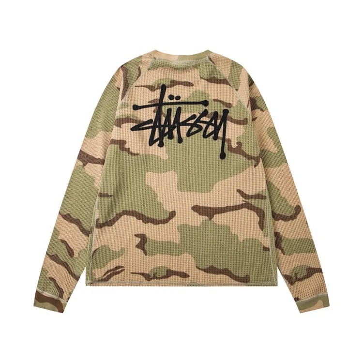 Stu Camouflage Waffle Loose Retro Workwear Round Neck Sweatshirt Long Sleeve T-Shirt
