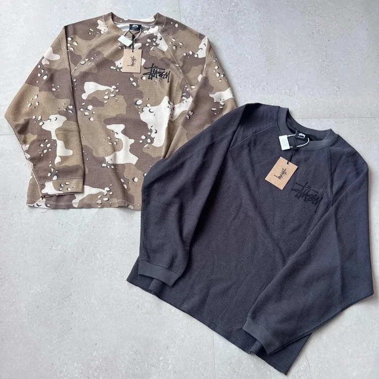 Stu Camouflage Waffle Loose Retro Workwear Round Neck Sweatshirt Long Sleeve T-Shirt