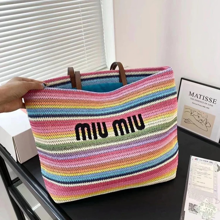 Miu's new summer woven tote bag raffia straw bag large capacity simple single shoulder portable women's bag trendy image 6