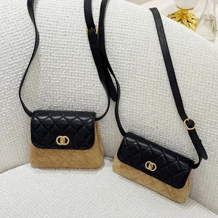 2025 new frosted suede spliced sheepskin small fragrant style rhombus square bag retro versatile single shoulder crossbody bag