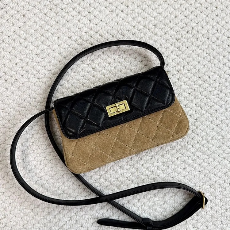 2025 new frosted suede spliced sheepskin small fragrant style rhombus square bag retro versatile single shoulder crossbody bag image 4