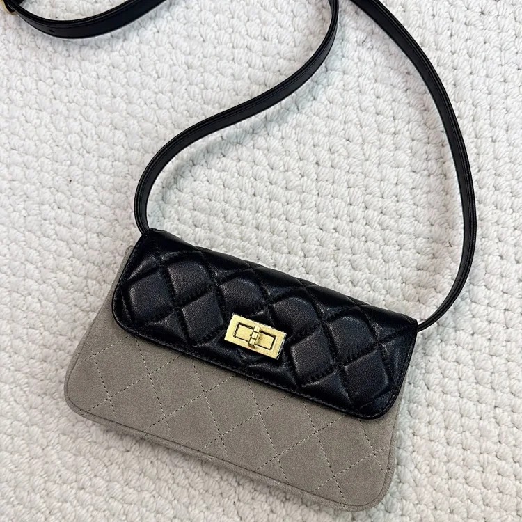 2025 new frosted suede spliced sheepskin small fragrant style rhombus square bag retro versatile single shoulder crossbody bag image 6