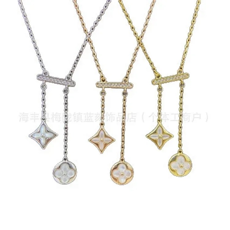 High version N diamond-encrusted mother-of-pearl round flower tassel necklace, rhombus shape, various styles, and clavicle chain wholesale