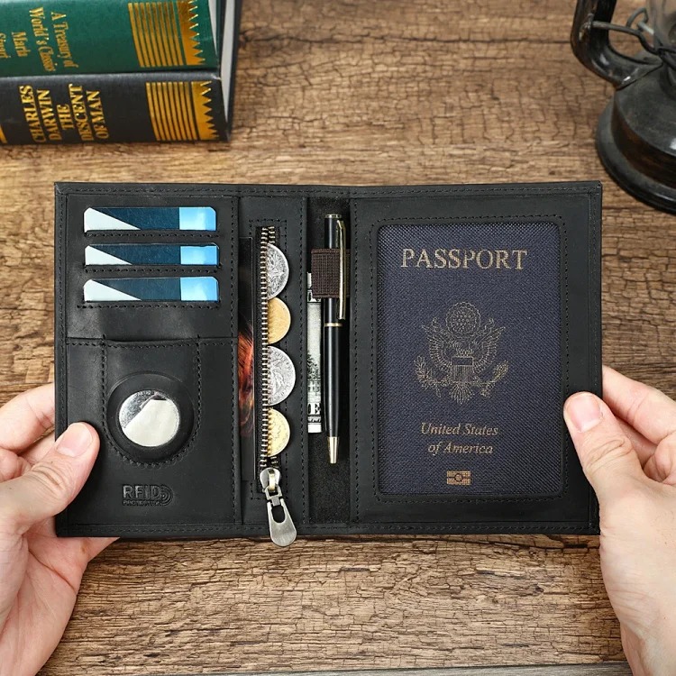 Best-selling genuine leather men's wallet RFID anti-theft brush Air Tag tracking and positioning passport card holder men wallet image 3