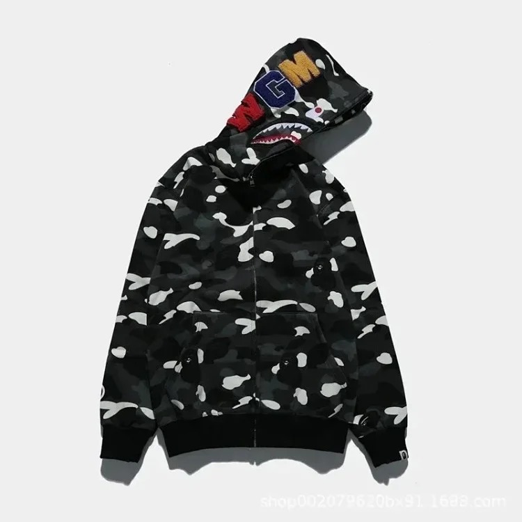 Shark camouflage hooded cardigan zipper men's sweatshirt jacket image 2