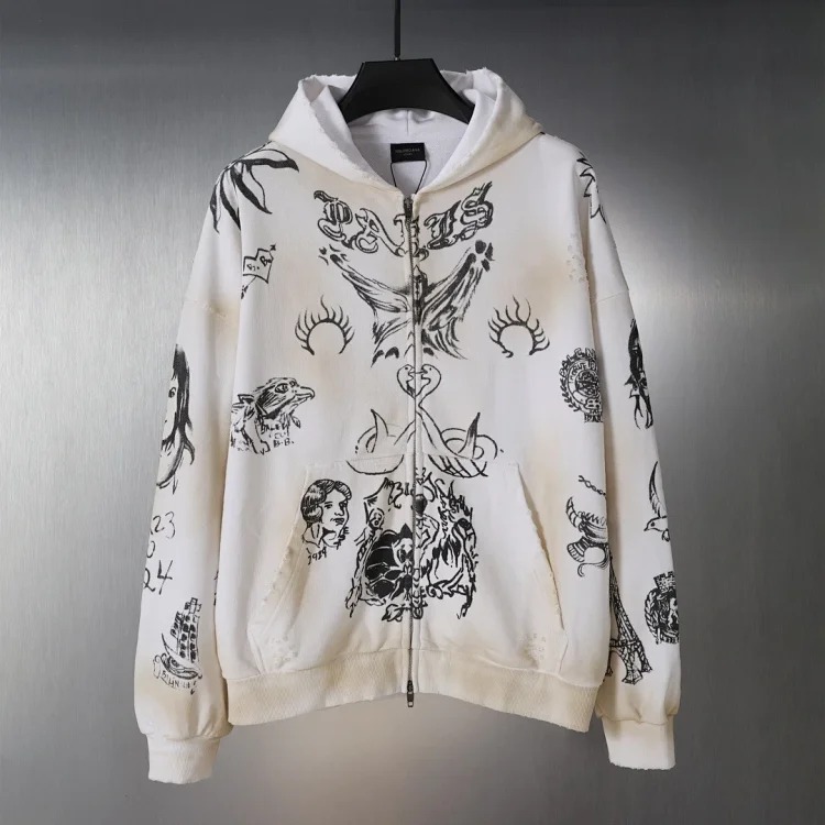White graffiti zipper sweatshirt suit