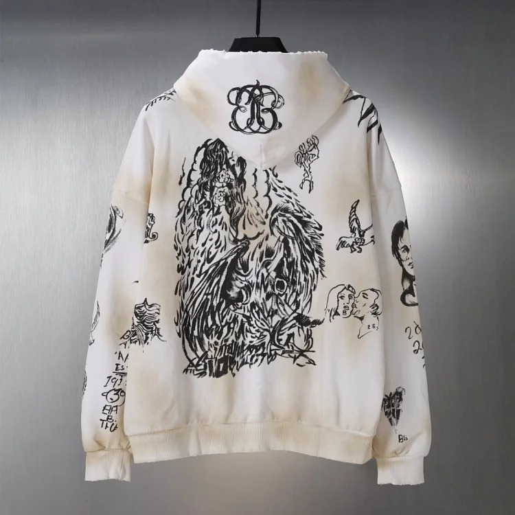 White graffiti zipper sweatshirt suit