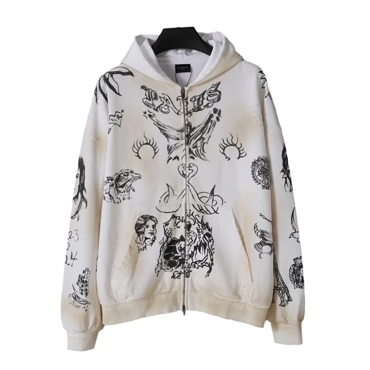 White graffiti zipper sweatshirt suit