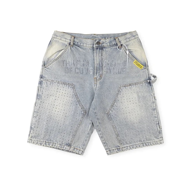 Rhinestone-studded letter print casual washed denim shorts