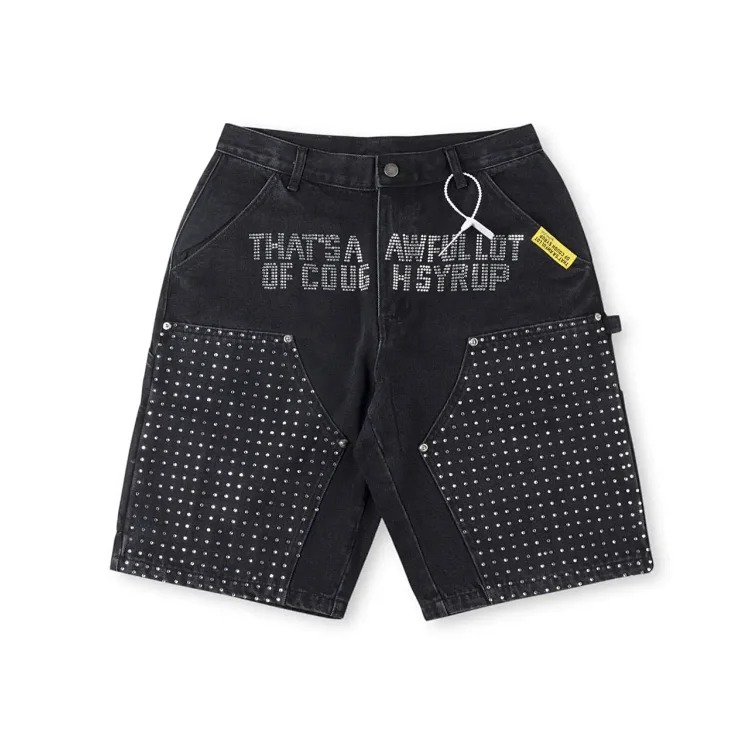 Rhinestone-studded letter print casual washed denim shorts