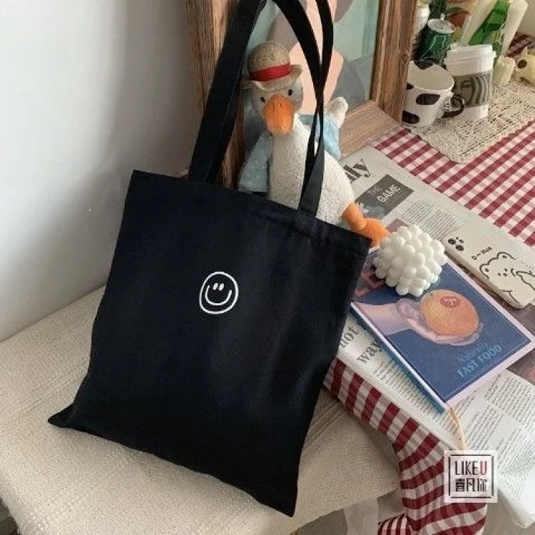 Original zipper smiley ins simple shoulder bag cotton canvas large capacity Korean casual literary student book XF