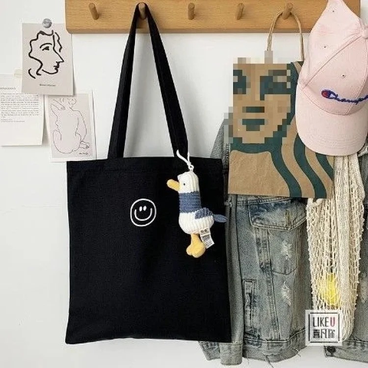 Original zipper smiley ins simple shoulder bag cotton canvas large capacity Korean casual literary student book XF