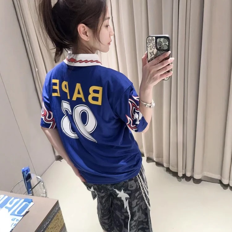 High BAPE co-branded No. 93 jersey short-sleeved T-shirt, loose V-neck sports bottoming shirt for men and women, trendy