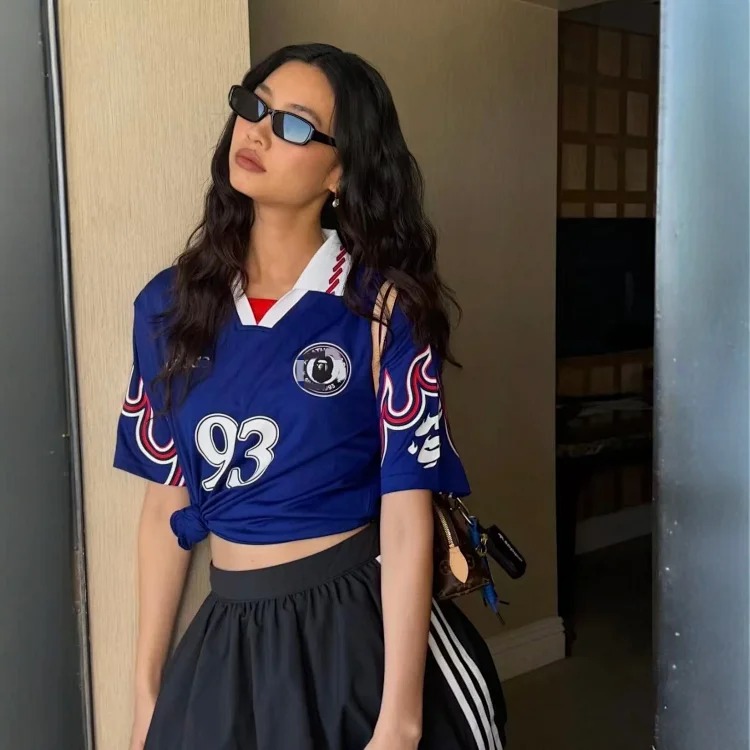 High BAPE co-branded No. 93 jersey short-sleeved T-shirt, loose V-neck sports bottoming shirt for men and women, trendy
