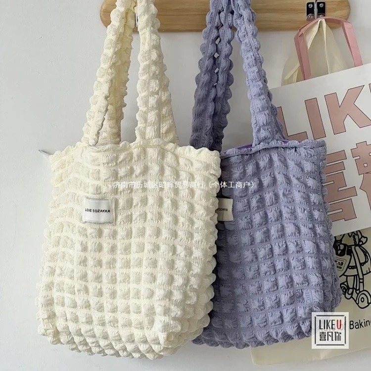 Korean ins girly heart pleated bubble shoulder handbag small fresh female canvas shopping bag tote XF