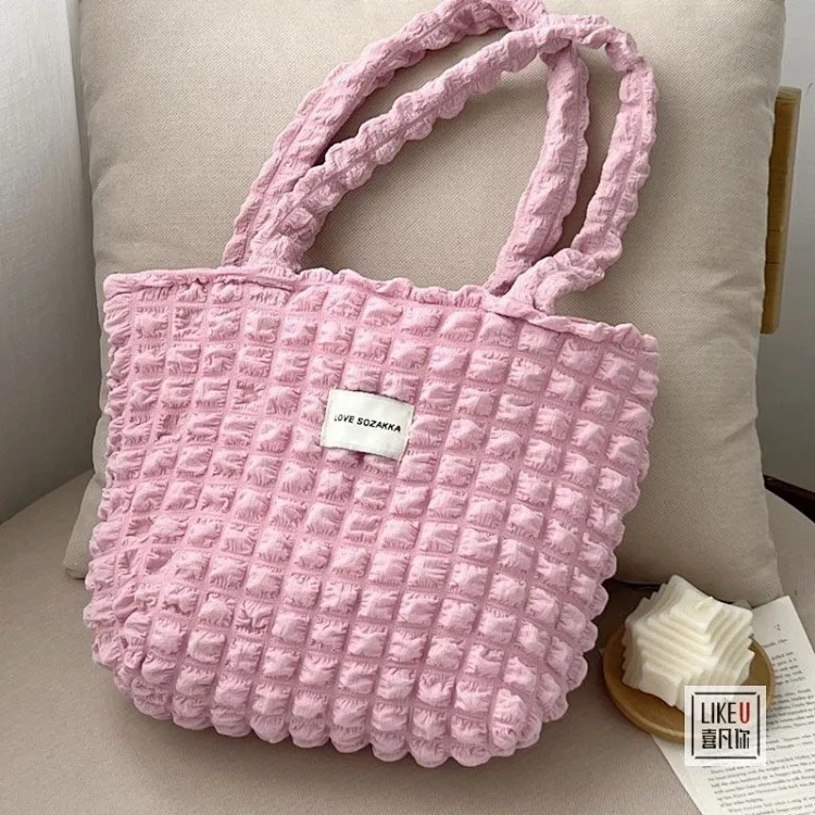 Korean ins girly heart pleated bubble shoulder handbag small fresh female canvas shopping bag tote XF image 4