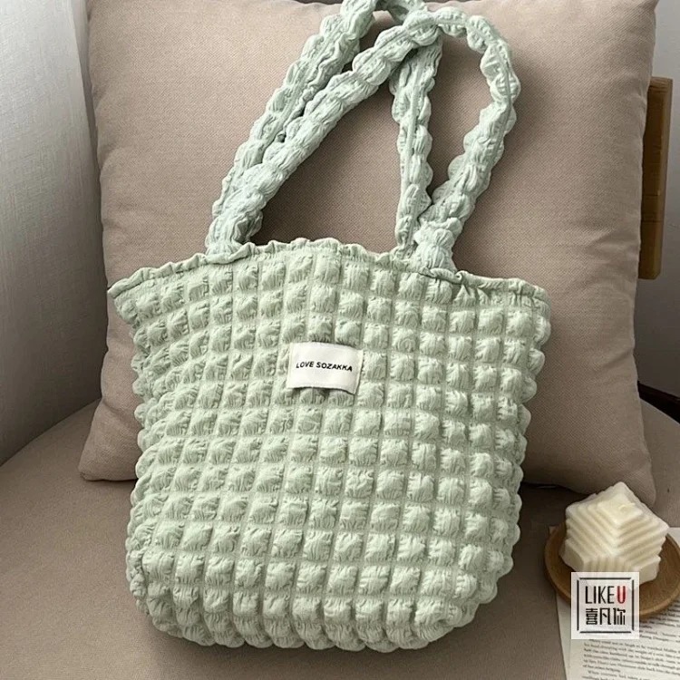 Korean ins girly heart pleated bubble shoulder handbag small fresh female canvas shopping bag tote XF image 6