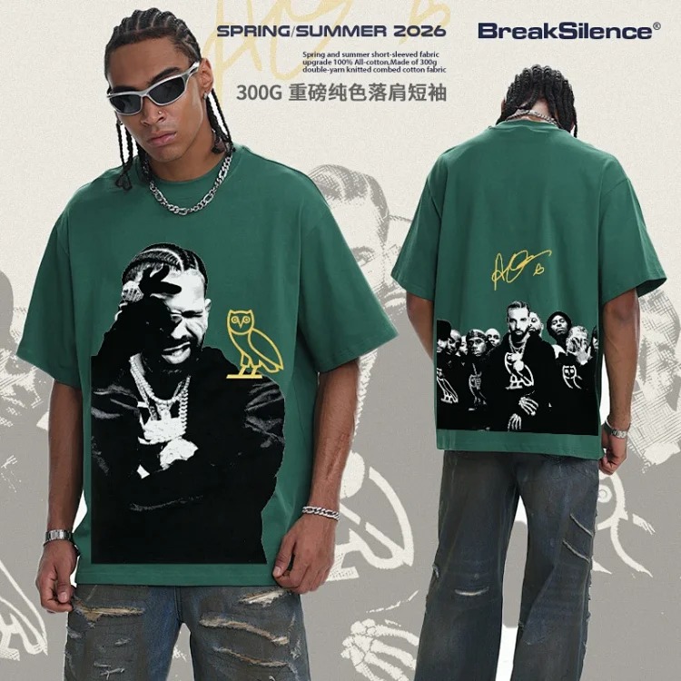 2026 cross-border Drake summer fried snowflake pure cotton short-sleeved men's American round neck off-shoulder heavyweight T-shirt