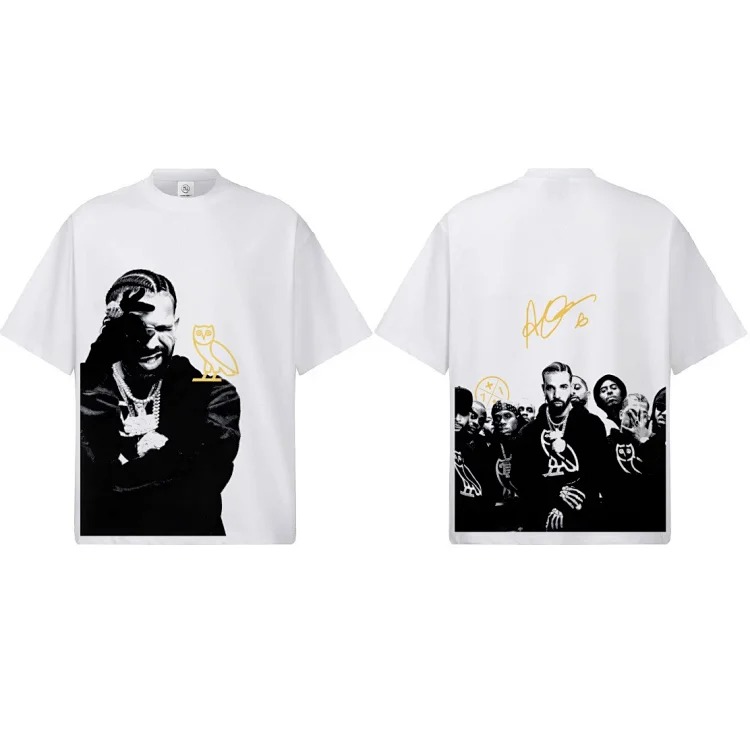 2026 cross-border Drake summer fried snowflake pure cotton short-sleeved men's American round neck off-shoulder heavyweight T-shirt