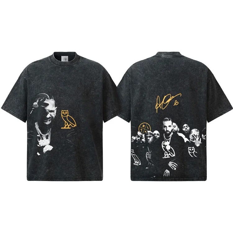 2026 cross-border Drake summer fried snowflake pure cotton short-sleeved men's American round neck off-shoulder heavyweight T-shirt