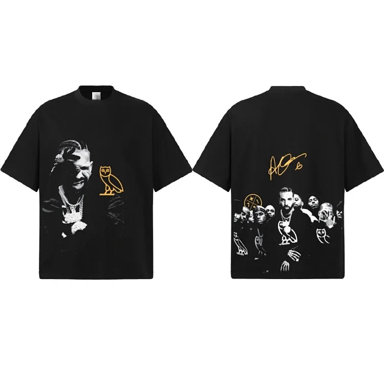 2026 cross-border Drake summer fried snowflake pure cotton short-sleeved men's American round neck off-shoulder heavyweight T-shirt