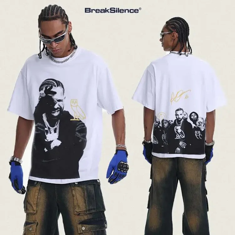 2026 cross-border Drake summer fried snowflake pure cotton short-sleeved men's American round neck off-shoulder heavyweight T-shirt