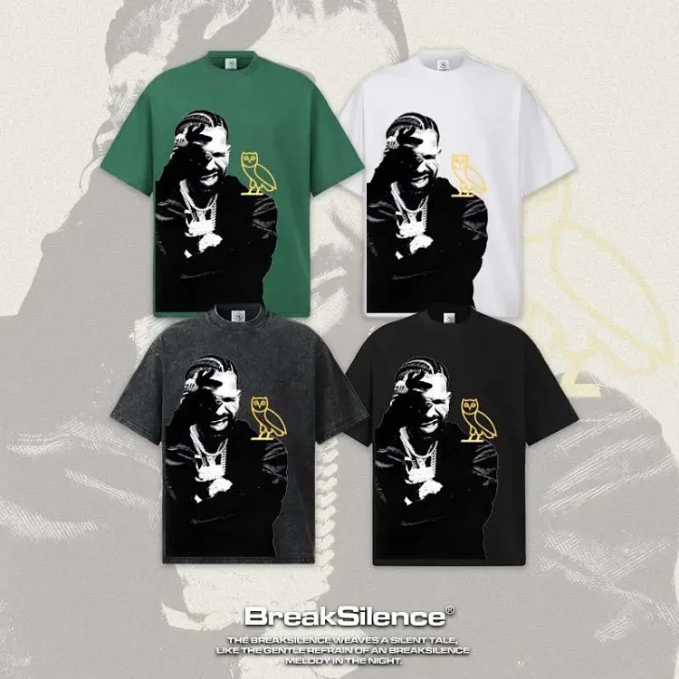 2026 cross-border Drake summer fried snowflake pure cotton short-sleeved men's American round neck off-shoulder heavyweight T-shirt