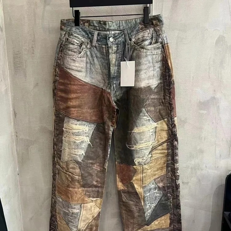 Checkered denim trousers