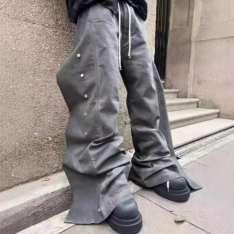 Roacbt Washed Used Dirty Dyed Profile Double-breasted Grey Straight Leg Wide-leg Tooling Denim Trousers Loose for