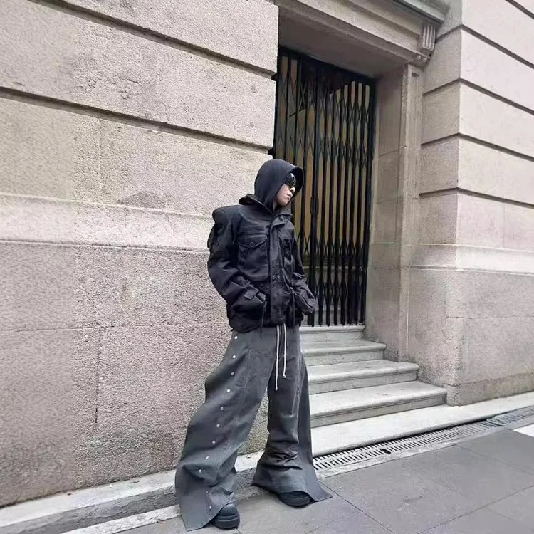 Roacbt Washed Used Dirty Dyed Profile Double-breasted Grey Straight Leg Wide-leg Tooling Denim Trousers Loose for