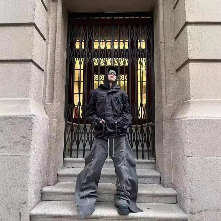 Roacbt Washed Used Dirty Dyed Profile Double-breasted Grey Straight Leg Wide-leg Tooling Denim Trousers Loose for