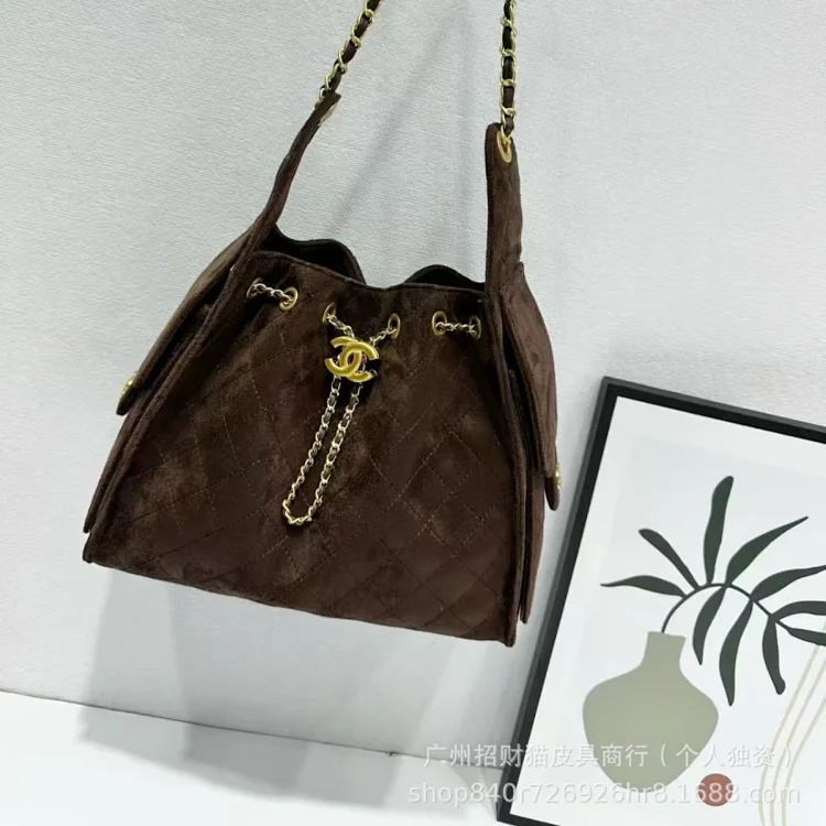 Suede coffee color label autumn and diamond hobo bag women's drawstring chain shoulder lightweight upper body underarm bag