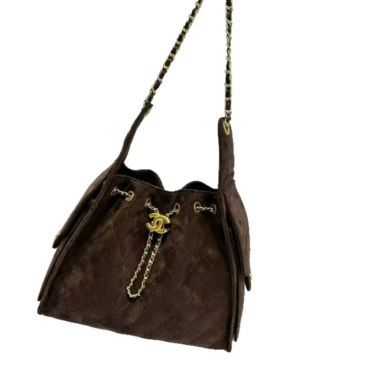 Suede coffee color label autumn and diamond hobo bag women's drawstring chain shoulder lightweight upper body underarm bag