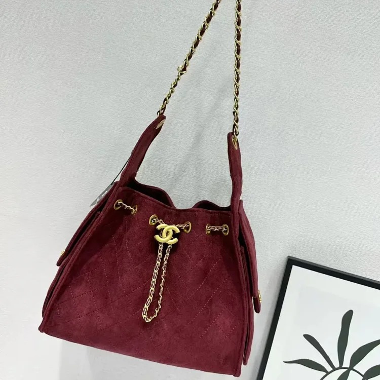 Suede coffee color label autumn and diamond hobo bag women's drawstring chain shoulder lightweight upper body underarm bag
