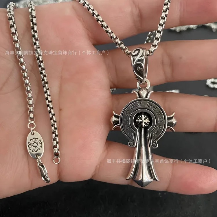 Chrome Hearts CH trendy brand retro old men's and women's cross s925 sterling silver Crow necklace high Thai silver pendant necklace image 2