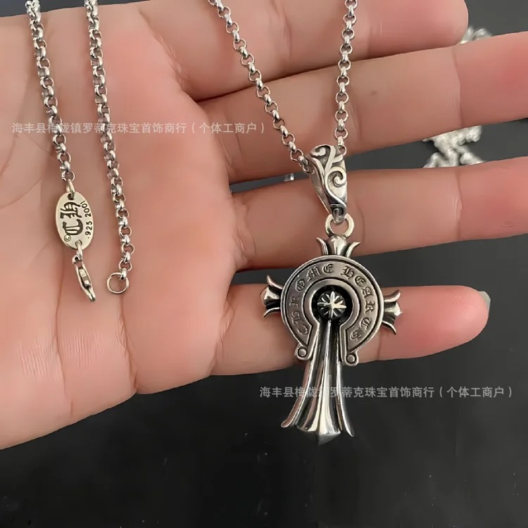 Chrome Hearts CH trendy brand retro old men's and women's cross s925 sterling silver Crow necklace high Thai silver pendant necklace image 3